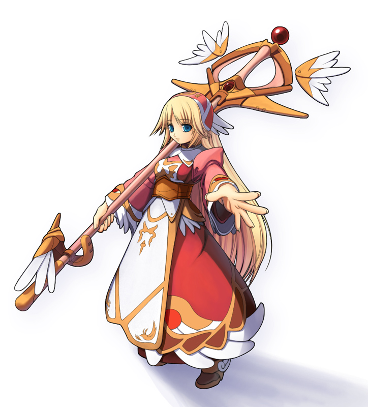 yhoba96, original, bad id, bad pixiv id, 1girl, aqua eyes, blonde hair, female focus, foreshortening, full body, hat, long hair, long sleeves, looking at viewer, robe, simple background, solo, staff, standing, very long hair, white background, wings