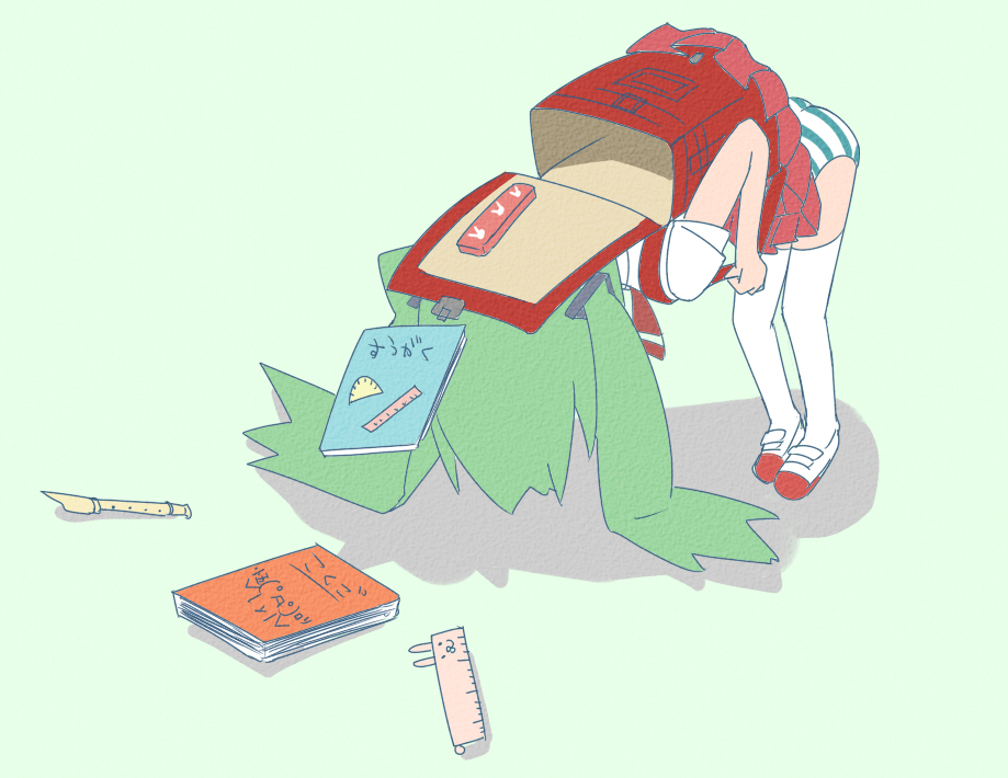 senkyoku niban, hatsune miku, vocaloid, 1girl, aged down, backpack, bag, book, bowing, failure, female focus, flute, green hair, instrument, panties, pencil case, randoseru, recorder, ruler, shoes, skirt, skirt flip, solo, striped clothes, striped panties, thighhighs, twintails, underwear, uwabaki