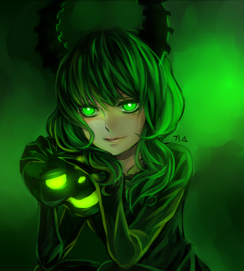 gisu, dead master, black rock shooter, bad id, bad pixiv id, 10s, 1girl, black hair, female focus, glowing, glowing eyes, gradient background, green eyes, green theme, portrait, skull, smile, solo