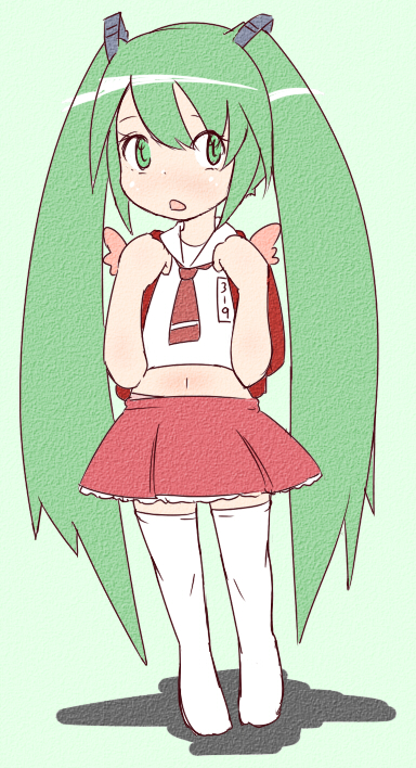 senkyoku niban, hatsune miku, vocaloid, aged down, backpack, bag, green eyes, green hair, long hair, midriff, necktie, randoseru, skirt, solo, square-end necktie, thighhighs, twintails, very long hair