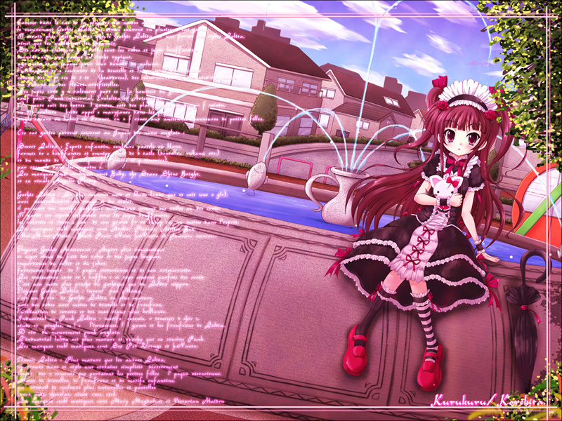 soutou, original, bad id, bad pixiv id, asymmetrical clothes, black socks, doll, flower, fountain, frilled socks, frills, hair flower, hair ornament, hair ribbon, house, kneehighs, long hair, maid, maid headdress, mary janes, red eyes, ribbon, rose, shoes, socks, solo, striped clothes, striped socks, twintails