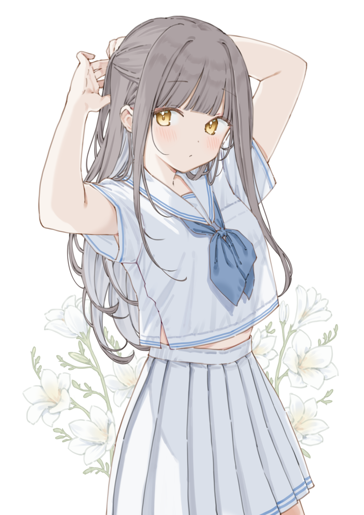 maigoyaki, original, commentary, highres, symbol-only commentary, 1girl, blue neckerchief, blunt bangs, blush, breasts, brown eyes, brown hair, flower, long hair, looking at viewer, midriff peek, neckerchief, pleated skirt, sailor collar, sailor shirt, school uniform, serafuku, shirt, short sleeves, skirt, solo, tying hair, white sailor collar, white serafuku, white shirt, white skirt, yellow eyes