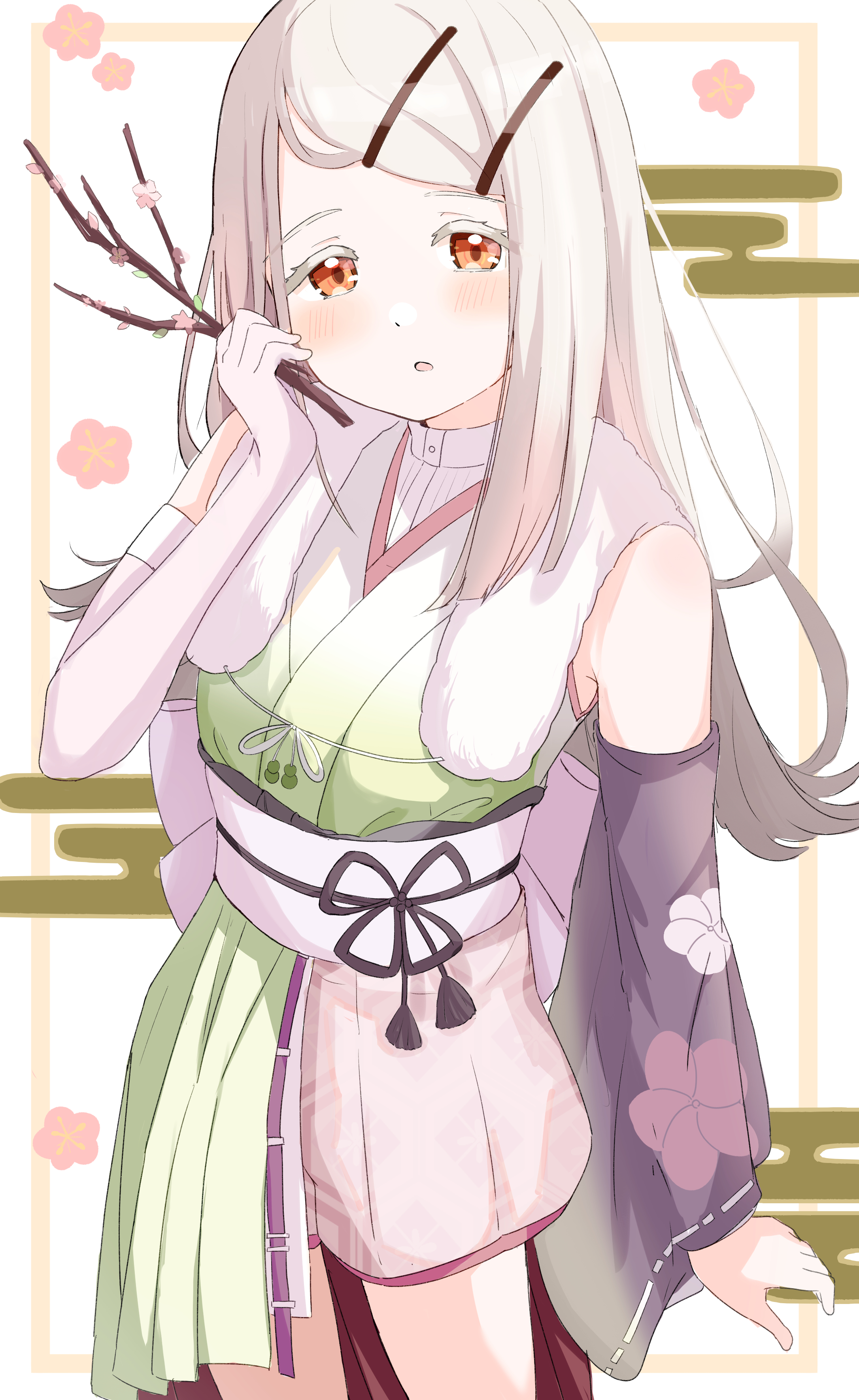 raichita, shinosawa hiro, gakuen idolmaster, idolmaster, absurdres, commentary request, highres, 1girl, blonde hair, blush, branch, cherry blossoms, colored eyelashes, cowboy shot, detached sleeves, egasumi, elbow gloves, flipped hair, fur shawl, gloves, gradient clothes, gradient hair, gradient kimono, green kimono, grey hair, hair ornament, hairclip, hand up, holding, holding branch, japanese clothes, kimono, long hair, long sleeves, looking at viewer, multicolored hair, obi, obiage, obijime, open mouth, orange eyes, parallel hairclips, pink shorts, sash, shawl, shorts, single elbow glove, sleeveless, sleeveless kimono, solo, standing, swept bangs, white gloves, white kimono, white shawl