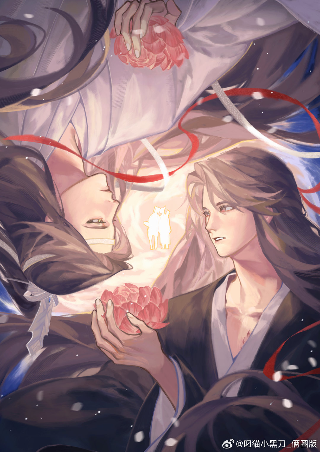 lan wangji, wei wuxian, wei wuxian (yiling laozu), modao zushi, chinese commentary, commentary request, highres, 2boys, bishounen, black hair, black hanfu, brown hair, chinese clothes, closed mouth, couple, diaomaoxiaoheidaoliangquanban, floating hair, flower, hair down, hair ribbon, half updo, hanfu, headband, holding, holding flower, light particles, long hair, long sleeves, looking at another, lotus, male focus, multiple boys, official alternate hairstyle, parted lips, ponytail, red eyes, red flower, red ribbon, ribbon, robe, smoke, upper body, upside-down, very long hair, watermark, weibo watermark, white hanfu, white headband, wide sleeves, xiao guan (headdress), yaoi, yellow eyes