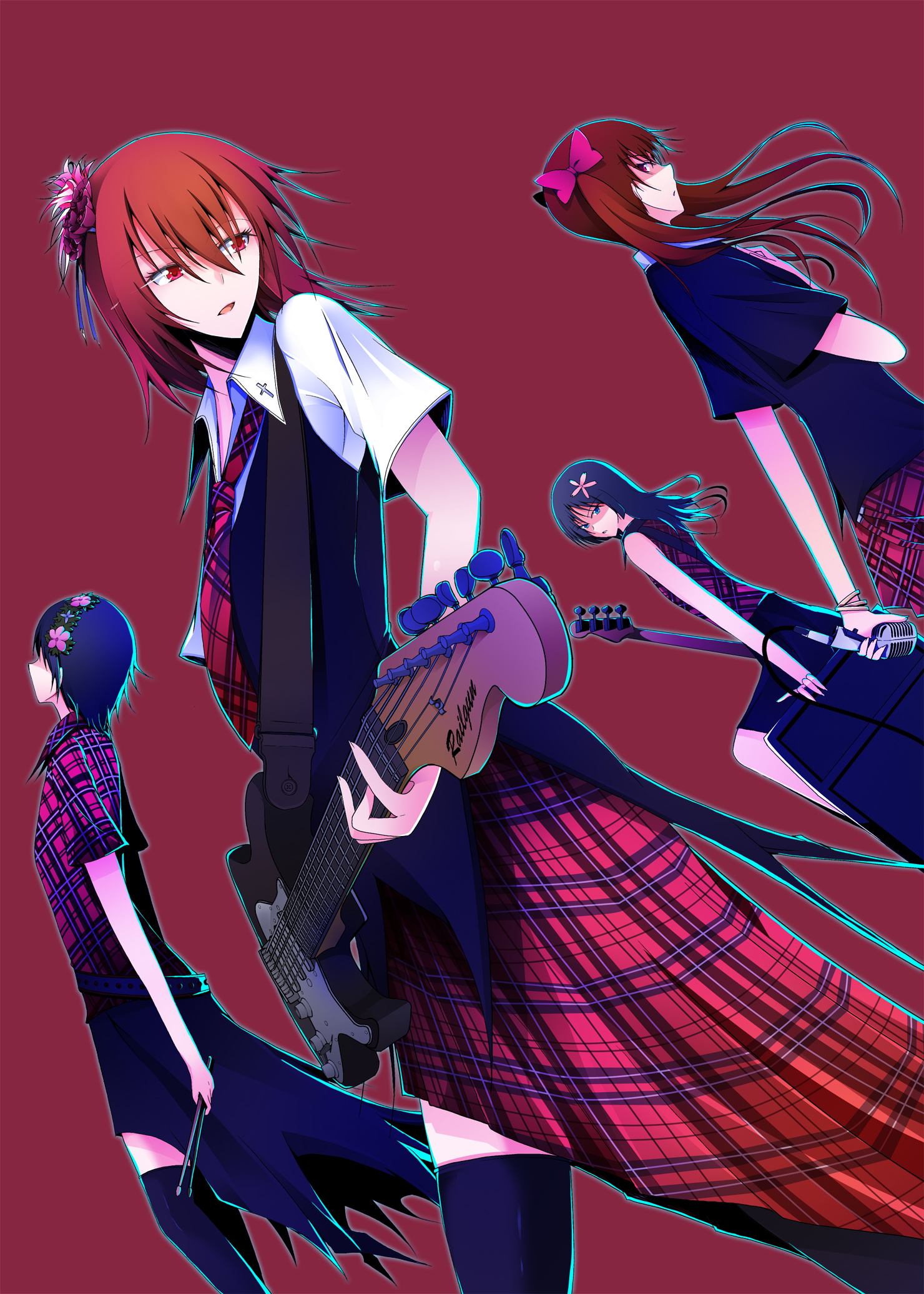 sakurai mizuki, misaka mikoto, saten ruiko, shirai kuroko, uiharu kazari, toaru kagaku no railgun, toaru majutsu no index, plaid, bad id, bad pixiv id, highres, 4girls, black thighhighs, blue eyes, blue hair, brown hair, cross, drumsticks, flower, guitar, hair flower, hair ornament, hair ribbon, head wreath, instrument, long hair, looking back, microphone, multiple girls, necktie, red eyes, ribbon, short hair, thighhighs, twintails, zettai ryouiki