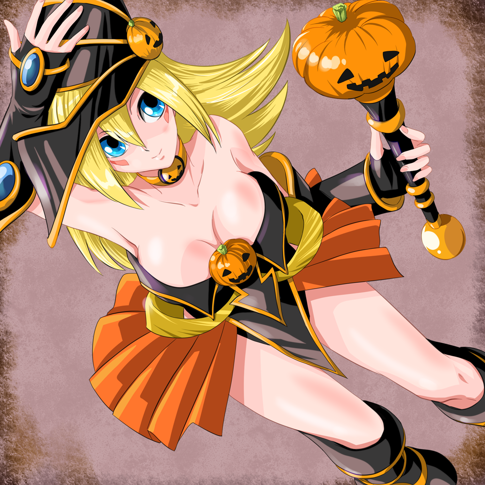 dark magician girl, yu-gi-oh!, yu-gi-oh! duel monsters, 1girl, adjusting clothes, adjusting headwear, blonde hair, blue eyes, breasts, cleavage, duel monster, female focus, food-themed hair ornament, from above, grey background, hair ornament, halloween, hat, large breasts, legs, pumpkin hair ornament, solo, wand
