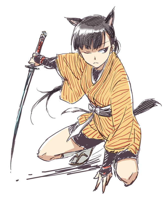 agahari, sakamoto mio, strike witches, world witches series, 1girl, animal ears, black hair, blunt bangs, extra ears, female focus, one eye closed, ponytail, sandals, sketch, solo, squatting, sword, tail, weapon, wink