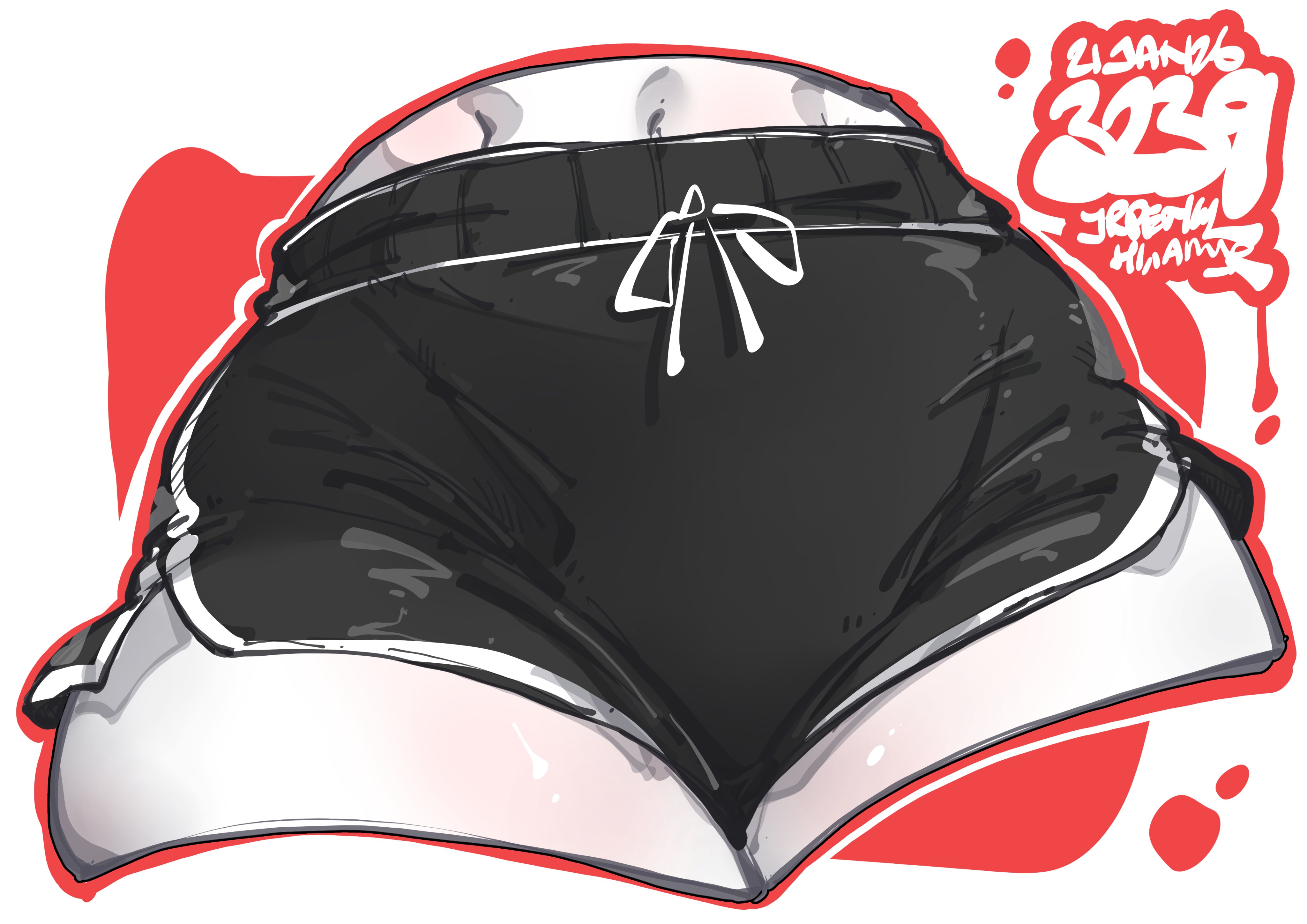 jrpencil, original, absurdres, commentary, english commentary, highres, 1girl, artist name, black shorts, border, crotch focus, dolphin shorts, drawstring, outline, outside border, red background, red outline, short shorts, shorts, solo, tied drawstring, white border