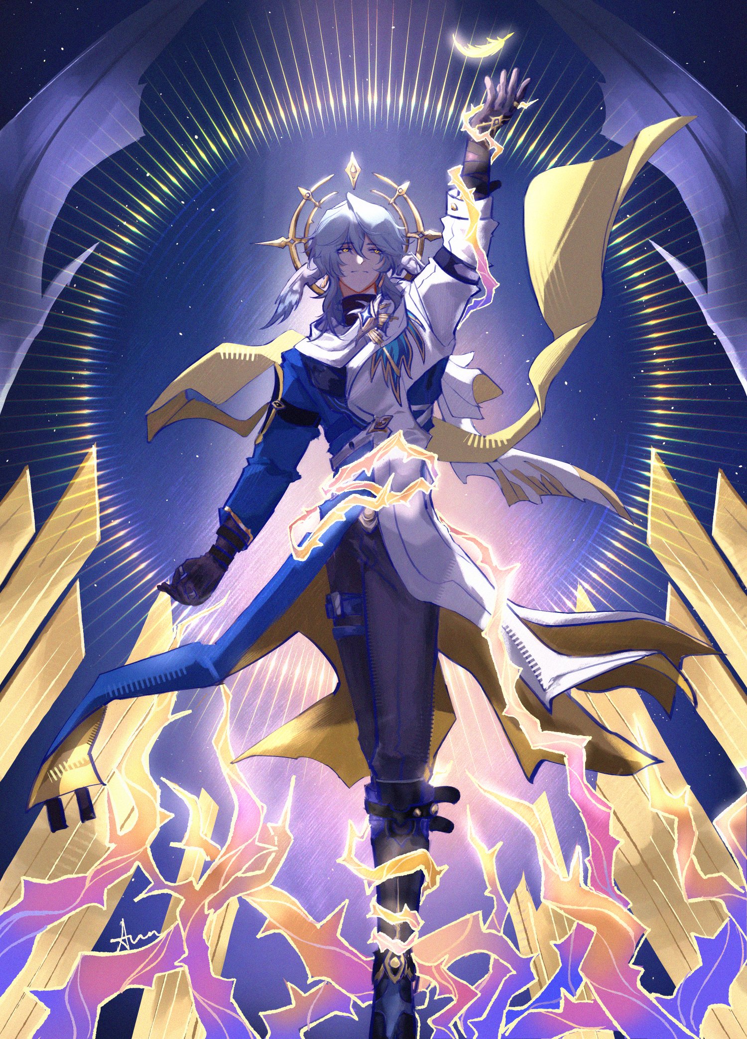 wokkie here, sunday (honkai: star rail), honkai: star rail, honkai (series), commentary, english commentary, highres, 1boy, arm belt, arm up, blue hair, boots, feathers, gloves, glowing, halo, halo behind head, head wings, male focus, medium hair, pants, tailcoat, thigh strap, thorns, two-sided fabric, wings, yellow eyes
