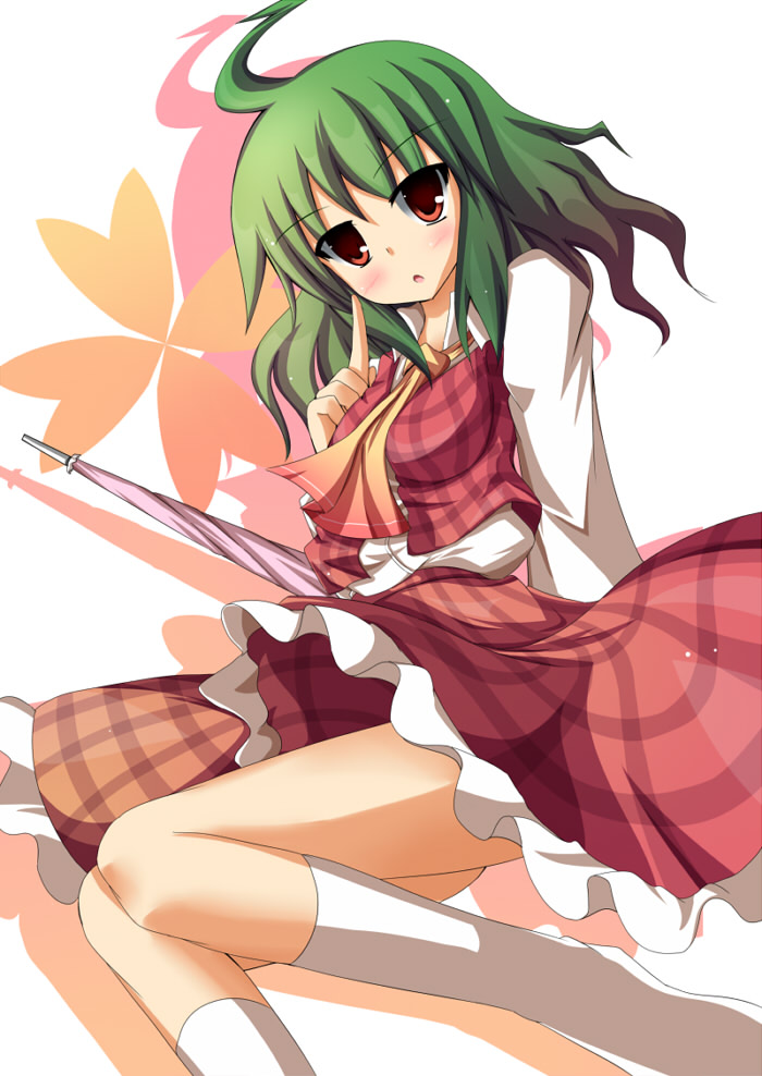 liya, kazami yuuka, touhou, 1girl, :o, ascot, blush, closed umbrella, female focus, finger to face, green hair, head tilt, kneehighs, plaid clothes, plaid skirt, plaid vest, red eyes, sitting, skirt, skirt set, socks, solo, umbrella, vest, white socks