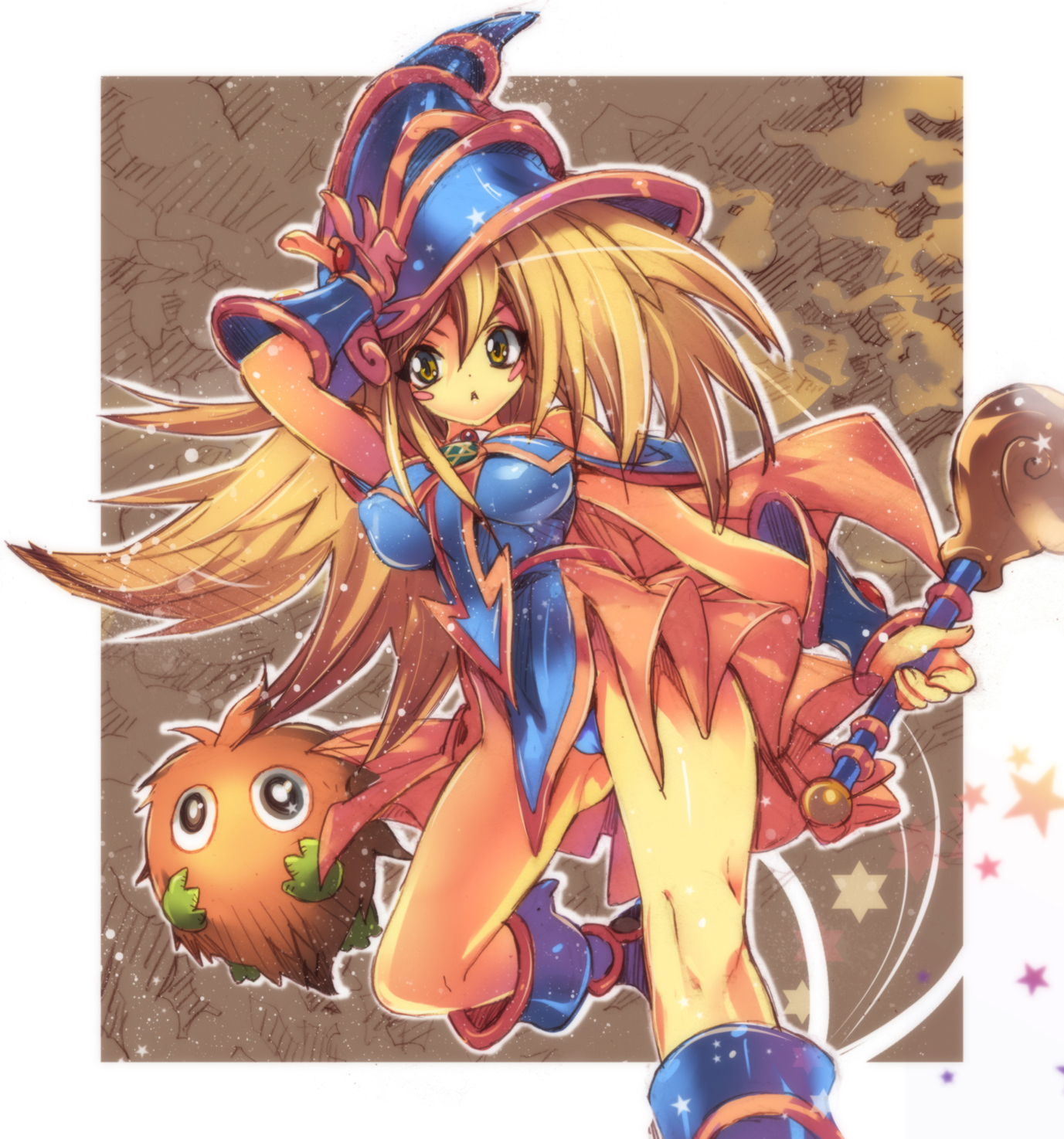 dark magician girl, kuriboh, yu-gi-oh!, yu-gi-oh! duel monsters, yuu-gi-ou, highres, 1girl, :<, adjusting clothes, adjusting headwear, blonde hair, blush stickers, breasts, duel monster, hat, large breasts, legs, long hair, pentacle, wand