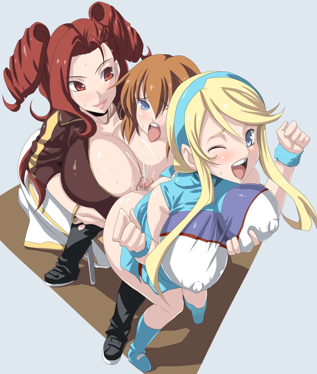 kloah, joey jones, lina davis, vera collins, heroman, highres, 1boy, 2girls, androgynous, armband, ass, blonde hair, blue eyes, blush, boots, bracelet, breasts, brown eyes, brown hair, buttjob, censored, chair, cheerleader, cleavage, clenched hands, clothed female nude male, covered erect nipples, cum, cum on body, cum on breasts, cum on upper body, curly hair, ejaculation, erection, ffm threesome, foreskin, grabbing another's breast, groping, group sex, headband, hetero, huge breasts, jewelry, long hair, looking at viewer, love train, mosaic censoring, multiple girls, nude, one eye closed, open mouth, paizuri, penis, red hair, saliva, sex, short twintails, shota, sitting, sleeves pushed up, smile, smirk, sweat, teacher, teacher and student, teamwork, teamwork (sexual), teeth, threesome, tongue, tongue out, twintails, wink