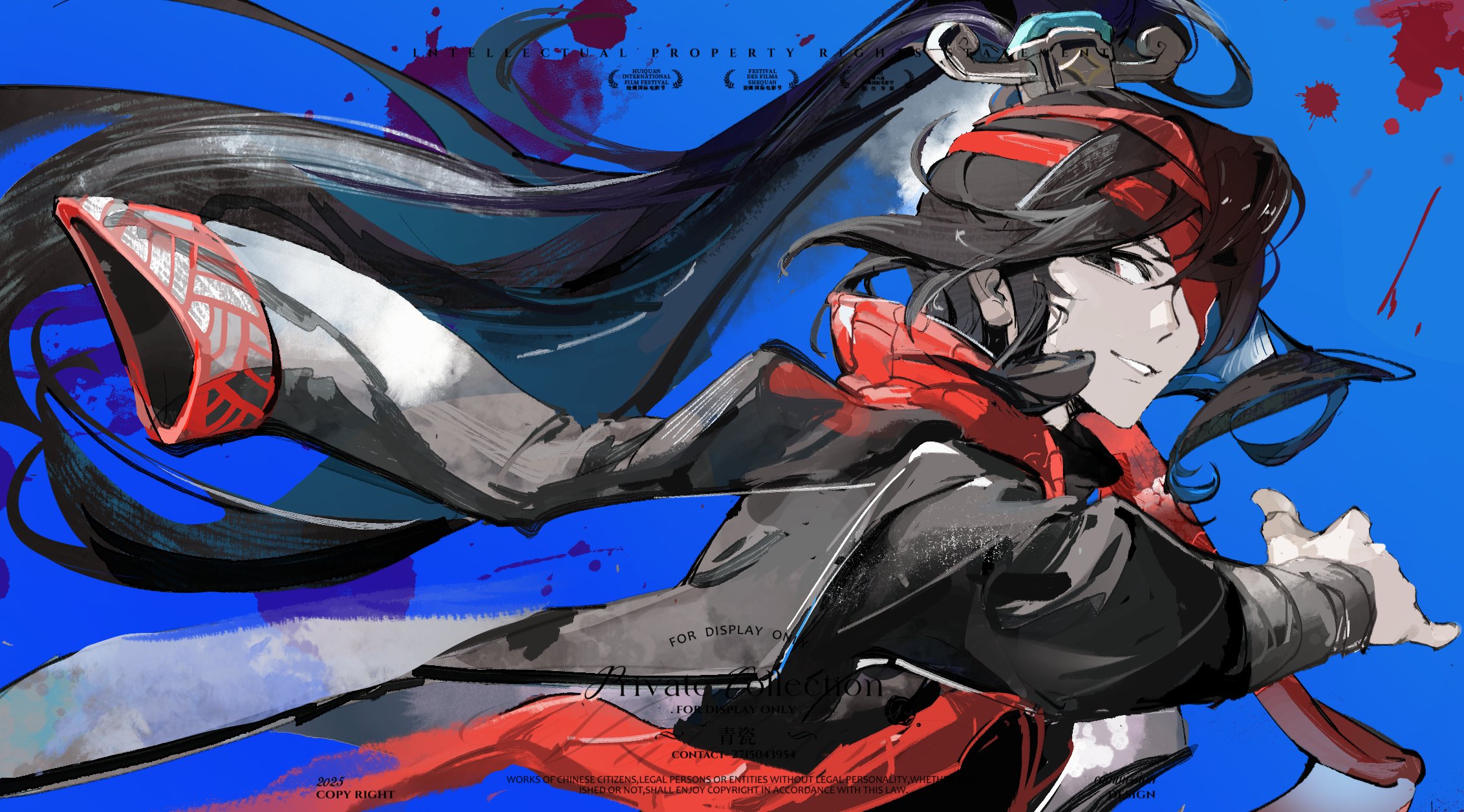 hong lu (project moon), limbus company, project moon, hashtag-only commentary, highres, 1boy, bandaged head, bandages, black hair, black hanfu, black jacket, blood, blood splatter, chinese clothes, curtained hair, grin, hair ornament, hanfu, high ponytail, holding, holding staff, jacket, jacket on shoulders, looking to the side, male focus, official alternate costume, one eye covered, ponytail, red scarf, red trim, scarf, sidelocks, smile, solo, staff, stole, upper body, vynorichter, wind, wind lift, xiao guan (headdress)