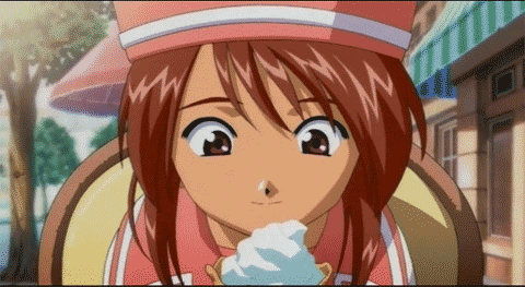 coquelicot (sakura taisen), sakura taisen, sakura taisen iii, animated, animated gif, lowres, 00s, 1girl, brown eyes, brown hair, eating, female focus, food, ice cream, licking, looking at viewer, outdoors, sexually suggestive, soft serve, solo