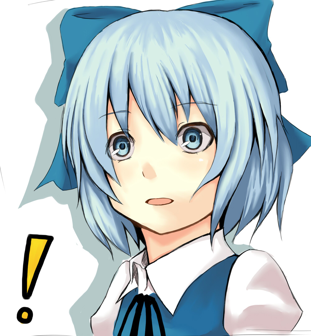 kuzuhoshi, cirno, embodiment of scarlet devil, touhou, !, 1girl, blouse, blue eyes, blue hair, collared shirt, dress, female focus, hair between eyes, matching hair/eyes, pinafore dress, ribbon, shirt, short hair, simple background, sleeveless, sleeveless dress, solo, white background, white shirt