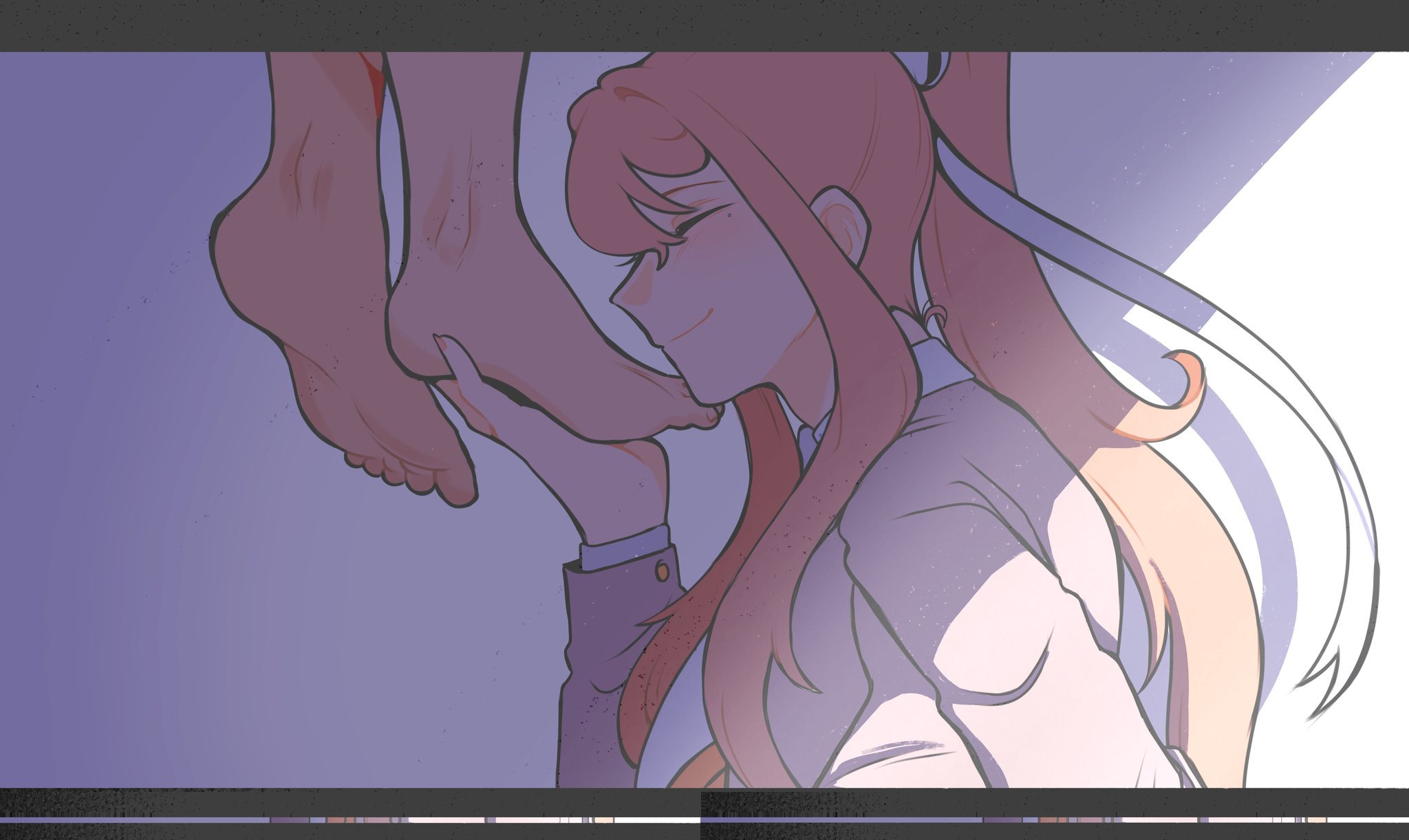 monika (doki doki literature club), sayori (doki doki literature club), doki doki literature club, commentary, english commentary, highres, 2girls, barefoot, bow, closed eyes, closed mouth, death, doki doki literature club school uniform, feet, foot focus, from side, grey jacket, hair bow, hand on another's foot, hanged, jacket, kaidapai, long hair, long sleeves, multiple girls, orange hair, ponytail, school uniform, sidelocks, smile, suicide, white bow, yuri