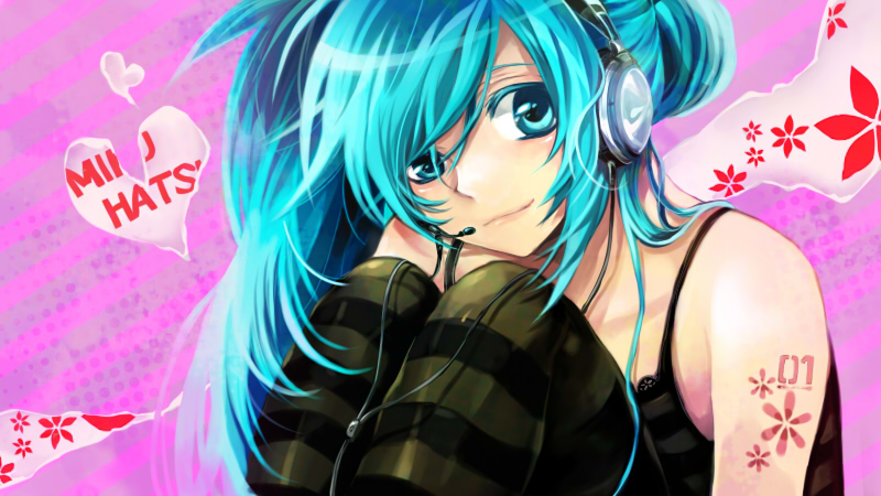 teito (0w0kuma), hatsune miku, vocaloid, bad id, bad pixiv id, blue eyes, blue hair, headset, pantyhose, solo, striped clothes, striped pantyhose