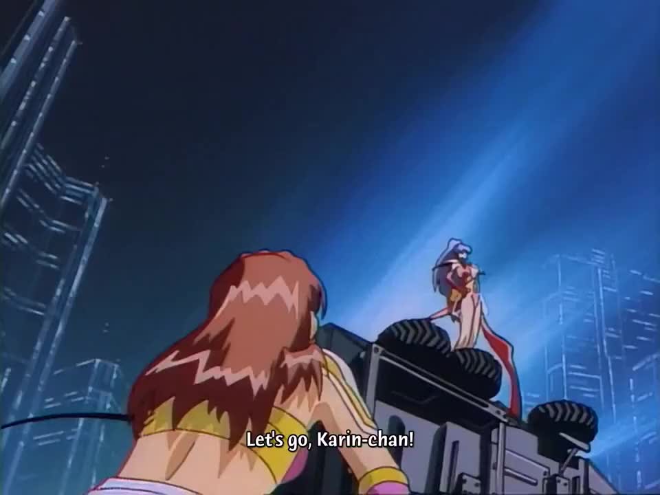 masami obari, hishizaki shaia (gowcaizer), son karin, choujin gakuen gowcaizer, animated, video, 1990s (style), armpits, ass, blue hair, bouncing breasts, breasts, city, cleavage, covered erect nipples, curvy, highleg, highleg leotard, holding, holding weapon, huge ass, large breasts, leotard, long hair, looking at viewer, nail polish, night, night sky, one eye closed, outdoors, pantyhose, pole, polearm, retro artstyle, revealing clothes, ryona, shiny skin, sideboob, sky, smile, subtitled, thong, weapon, wide hips, wink