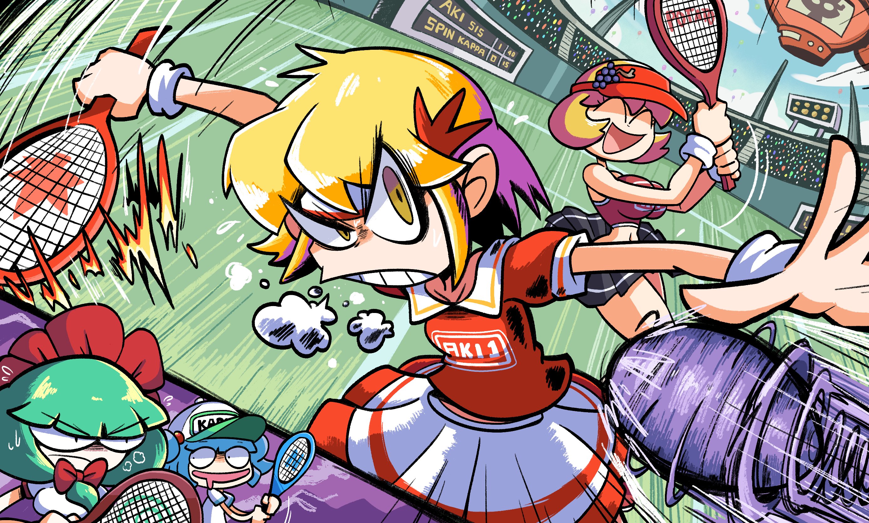 kevin arthur, aki minoriko, aki shizuha, kagiyama hina, kawashiro nitori, mario (series), mario power tennis, mario tennis, nintendo, touhou, highres, 4girls, ^ ^, angry, ball, baseball cap, black skirt, blonde hair, blue hair, bow, breasts, closed eyes, collared shirt, drooling, fire, front ponytail, green hair, happy, hat, holding, holding tennis racket, huffing, jitome, large breasts, looking at another, maple leaf hair ornament, miniskirt, multicolored skirt, multiple girls, playing sports, racket, red bow, red shirt, red skirt, red visor, scoreboard, shirt, short hair, short sleeves, skirt, sportswear, stadium, tennis, tennis ball, tennis racket, tennis uniform, toon (style), visor cap, white shirt, white skirt, wrist cuffs