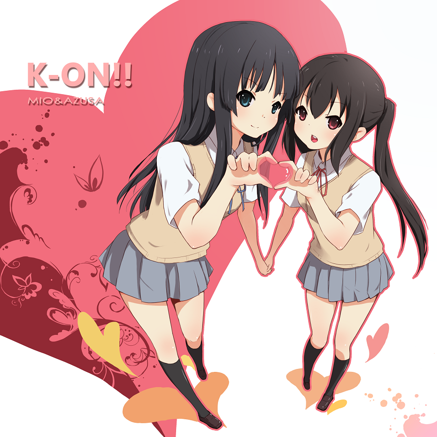 zhao shuwen, akiyama mio, nakano azusa, k-on!, 2girls, black hair, blue eyes, flat chest, four-finger heart hands, heart, heart hands, heart hands duo, hime cut, holding hands, kneehighs, long hair, multiple girls, red eyes, school uniform, skirt, socks, sweater vest, twintails