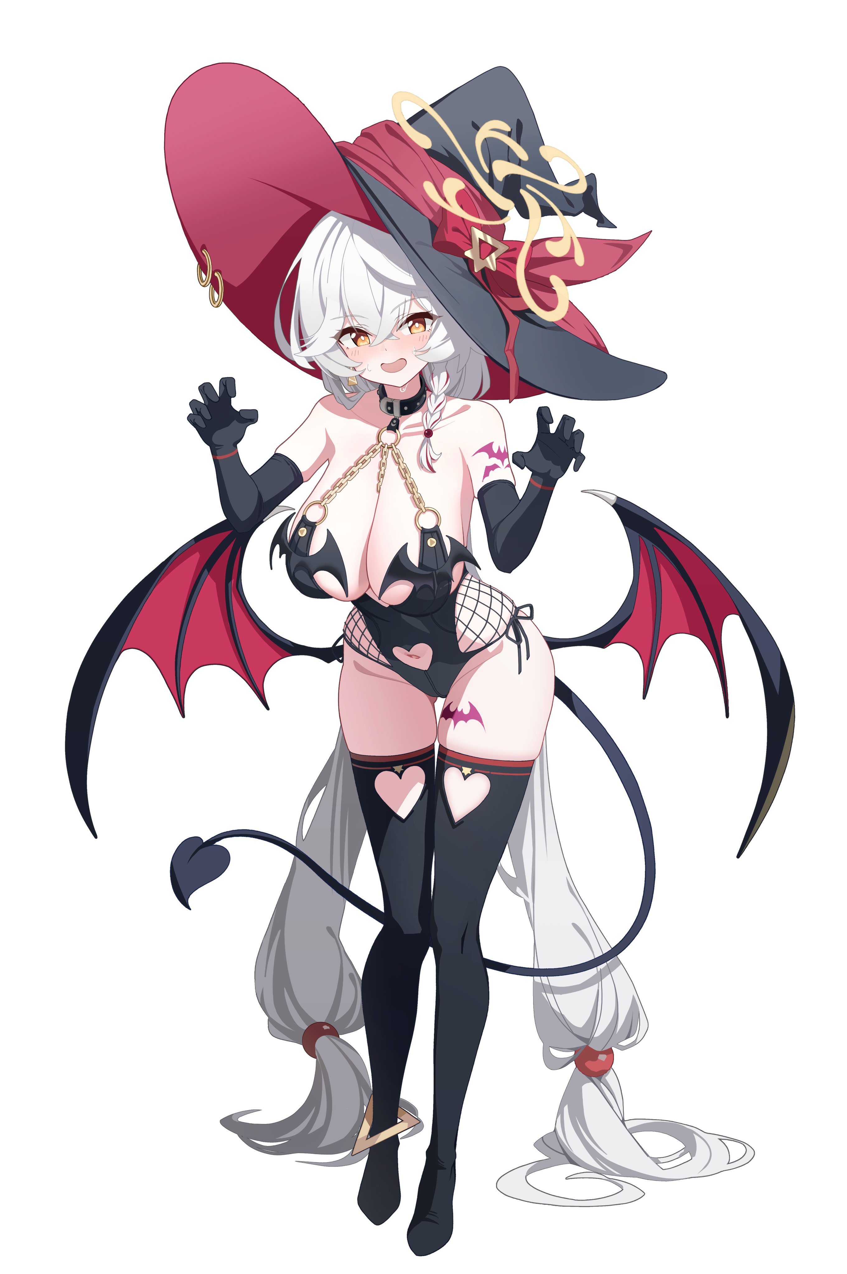 eri (blue archive), blue archive, absurdres, hashtag-only commentary, highres, 1girl, black hat, black tail, black wings, breasts, cleavage, demon girl, demon tail, demon wings, full body, grey hair, halo, hat, horns, large breasts, long hair, looking at viewer, low wings, navel, od sey, official alternate costume, open mouth, orange eyes, side halo, smile, solo, tail, tilted halo, wings, witch hat, yellow halo