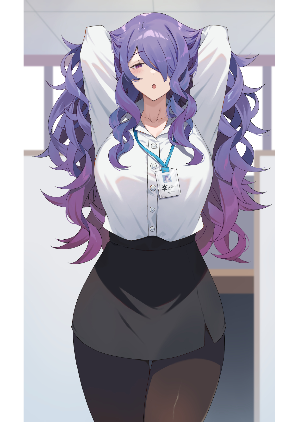 hack waltz, camilla (fire emblem), fire emblem, fire emblem fates, nintendo, commentary request, highres, 1girl, :o, alternate costume, black pantyhose, black skirt, blush, breasts, collarbone, hair lift, hair over one eye, indoors, large breasts, long hair, name tag, office lady, open mouth, pantyhose, pencil skirt, purple eyes, purple hair, shirt, skirt, solo, thighs, wavy hair, white shirt