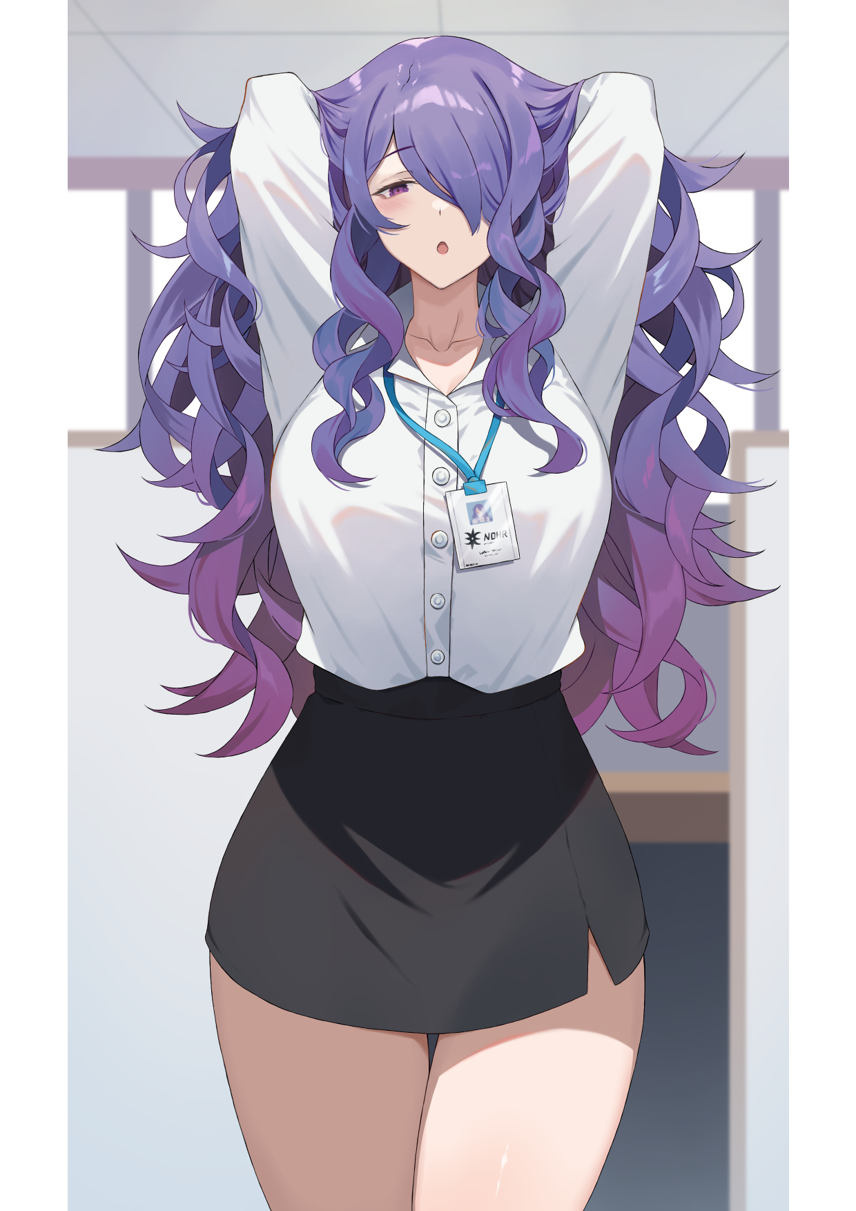 hack waltz, camilla (fire emblem), fire emblem, fire emblem fates, nintendo, commentary request, highres, 1girl, :o, alternate costume, black skirt, blush, breasts, collarbone, hair lift, hair over one eye, indoors, large breasts, long hair, name tag, office lady, open mouth, pencil skirt, purple eyes, purple hair, shirt, skirt, solo, thighs, wavy hair, white shirt