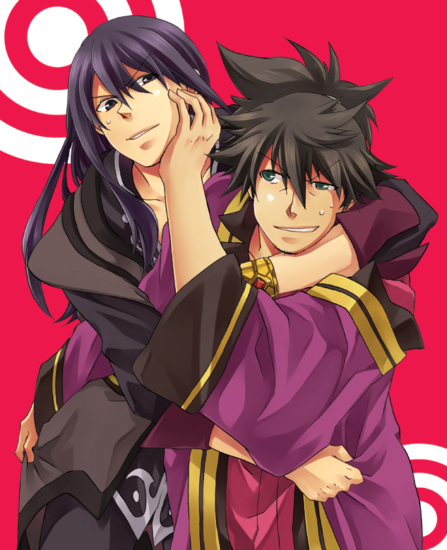 yogura, raven (tales), yuri lowell, tales of (series), tales of vesperia, bad id, bad pixiv id, md5 mismatch, 00s, 2boys, black eyes, black hair, bracelet, green eyes, hug, jewelry, long hair, male focus, multiple boys, pink background, ponytail