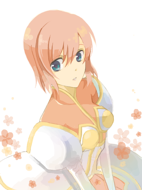 estellise sidos heurassein, tales of (series), tales of vesperia, 00s, 1girl, aqua eyes, blue eyes, dress, female focus, flower, green eyes, looking at viewer, parted lips, pink hair, short hair, simple background, solo, white background
