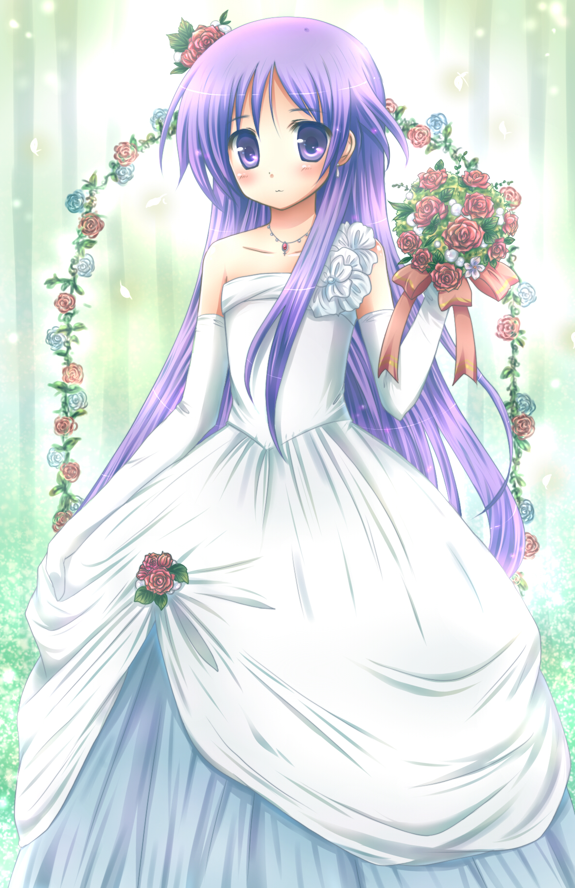 kouta., watarase jun, happiness!, artist request, bad id, bad pixiv id, highres, 00s, 1boy, :3, blush, bride, crossdressing, crossdressing (mtf), dress, flower, long hair, male focus, purple hair, solo, trap, wedding dress