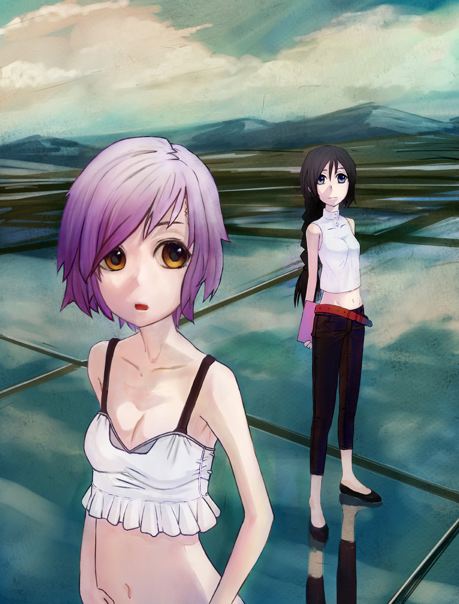 biremoko, original, bad id, bad pixiv id, highres, 2girls, belt, black hair, braid, brown eyes, crop top, flapper shirt, long hair, midriff, multiple girls, navel, purple eyes, purple hair, shirt