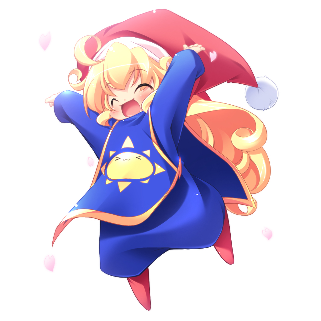 kuwada yuuki, charlotte (seiken densetsu 3), seiken densetsu, seiken densetsu 3, square enix, > <, o/, arms up, blonde hair, closed eyes, hat, jumping, outstretched arms, smile, solo