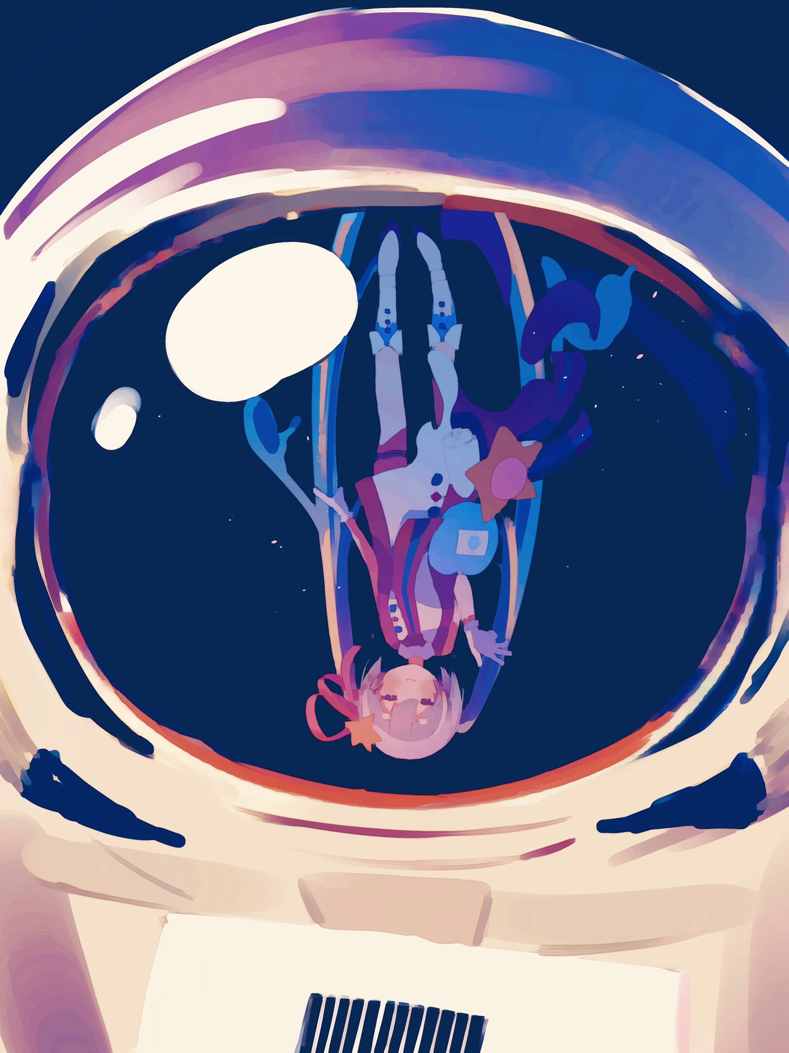 hatsune miku, magical mirai miku, magical mirai miku (2022), magical mirai (vocaloid), vocaloid, commentary request, highres, 1girl, 1other, afk 0831, astronaut, boots, hair ornament, helmet, limited palette, long hair, reflection, smile, space, space helmet, spacesuit, star (symbol), star hair ornament, twintails, upside-down, very long hair