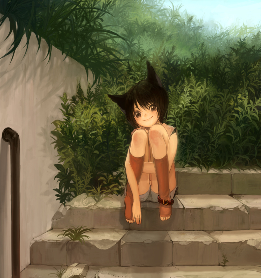 taku (fishdrive), original, bad id, bad pixiv id, 1girl, androgynous, animal ears, anklet, black eyes, black hair, cat ears, female focus, hugging own legs, jewelry, kneehighs, mole, mole under eye, short hair, shorts, sitting, sitting on stairs, smile, socks, solo, stairs, toeless legwear