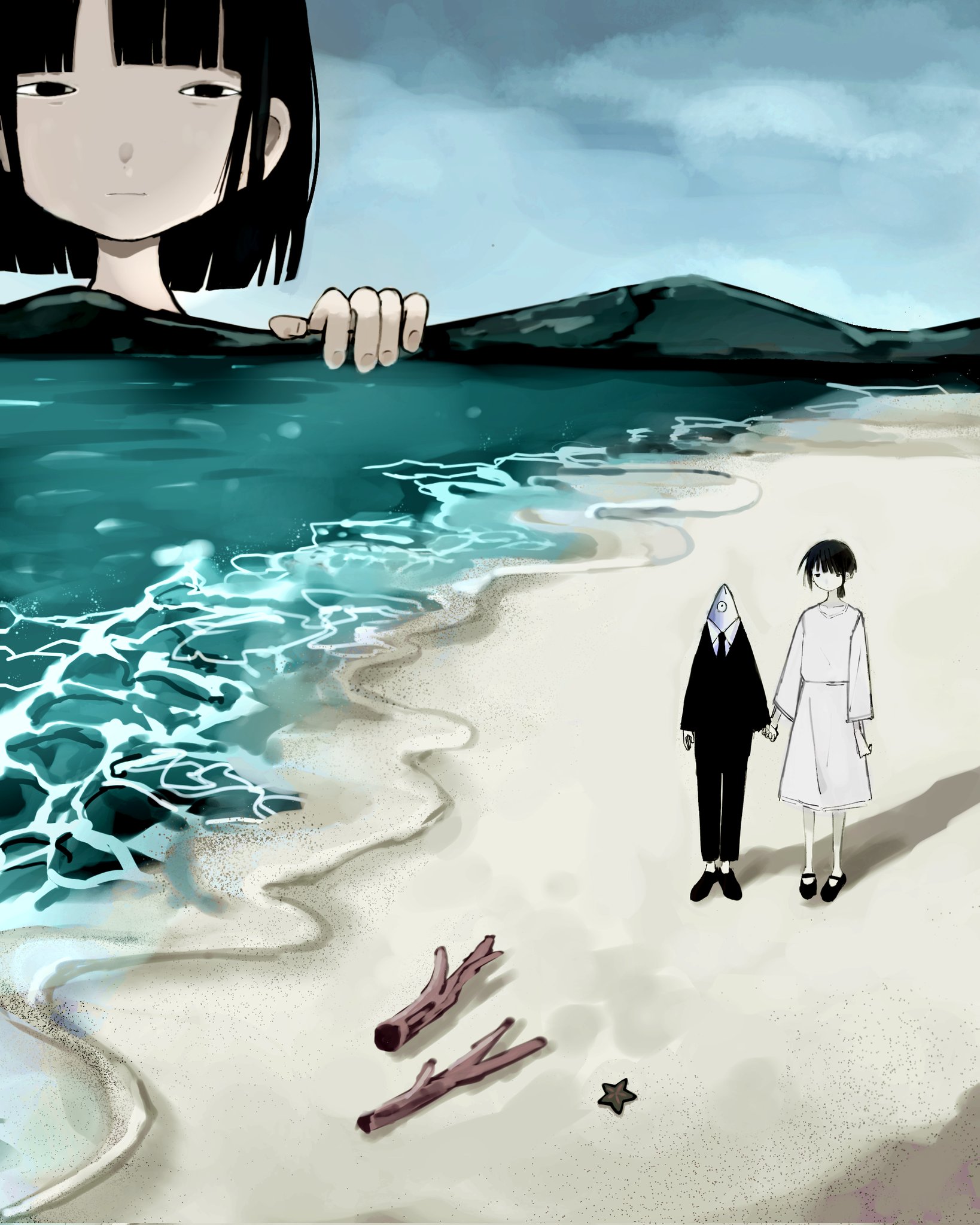 original, commentary request, highres, 1boy, 2girls, beach, black hair, black suit, blunt ends, closed mouth, driftwood, fish, formal clothes, giant, giantess, holding hands, kodama madako, multiple girls, necktie, outdoors, overcast, sand, shadow, skirt, sky, standing, starfish, suit, surreal, water, waves, white skirt