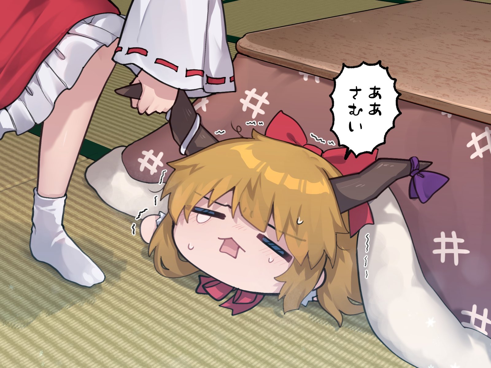 unime seaflower, hakurei reimu, ibuki suika, touhou, commentary request, highres, translation request, 2girls, blonde hair, bow, brown horns, cold, detached sleeves, frilled skirt, frills, hair bow, holding another's horns, horn ornament, horn ribbon, horns, kotatsu, multiple girls, oni, red bow, red skirt, ribbon, ribbon-trimmed sleeves, ribbon trim, setsubun, skirt, socks, speech bubble, table, tatami, trembling, under kotatsu, under table, white socks