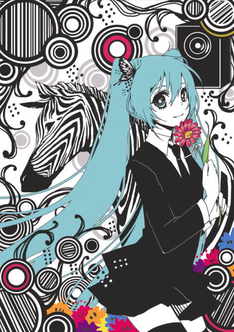 hatsune miku, hatsune miku (saihate), saihate (vocaloid), vocaloid, aqua eyes, aqua hair, bug, butterfly, flower, formal clothes, insect, long hair, necktie, skirt, solo, speaker, thighhighs, twintails, very long hair, zebra