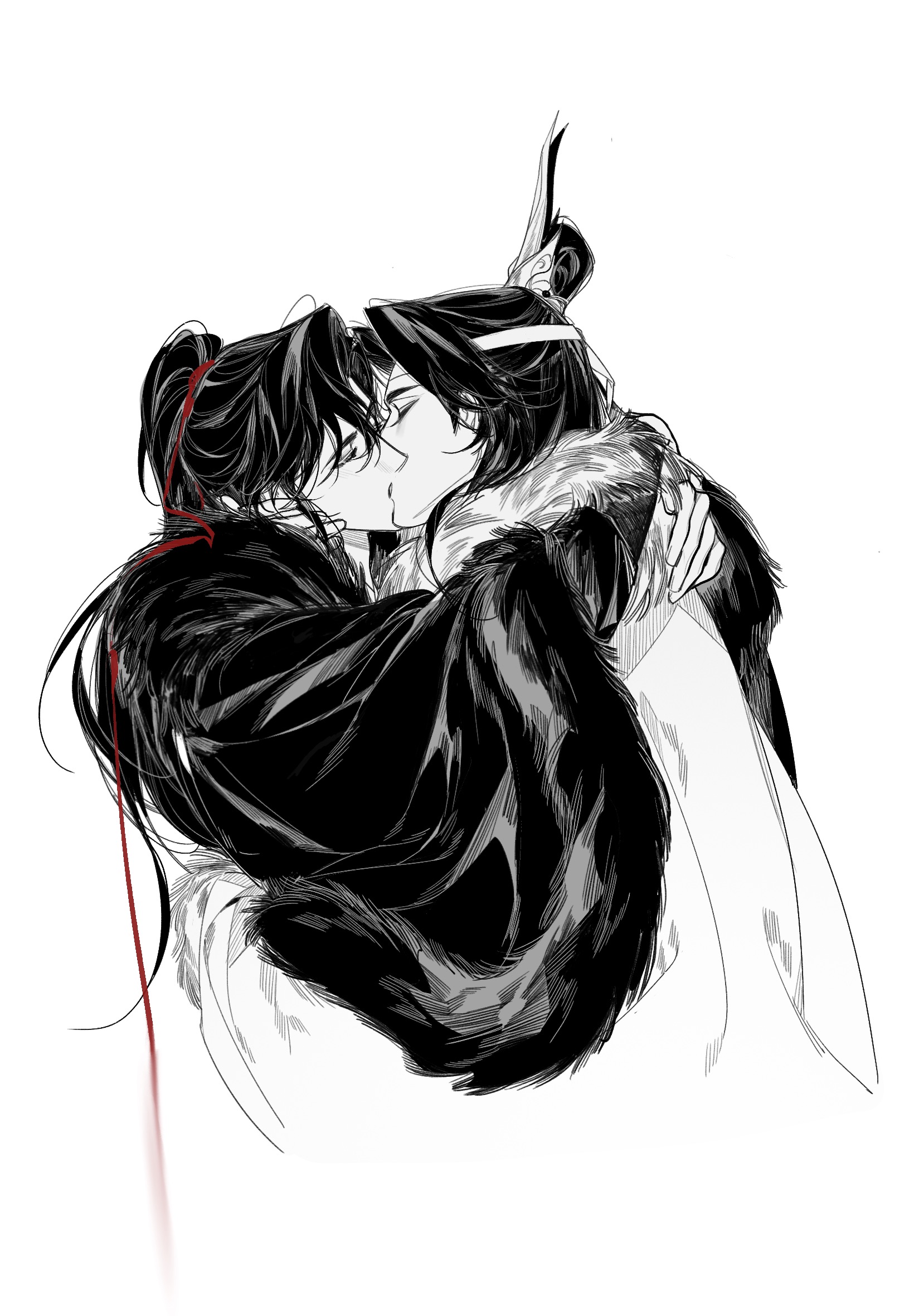 lan wangji, wei wuxian, modao zushi, chinese commentary, commentary request, highres, 2boys, black cloak, black hair, chinese clothes, cloak, closed eyes, couple, diaomaoxiaoheidaoliangquanban, from side, fur-trimmed cloak, fur trim, greyscale, hair ribbon, hanfu, headband, high ponytail, horns, hug, kiss, long hair, long sleeves, male focus, monochrome, multiple boys, ponytail, profile, red ribbon, ribbon, robe, sidelocks, simple background, spot color, topknot, upper body, white background, white cloak, white headband, wide sleeves, winter clothes, xiao guan (headdress), yaoi