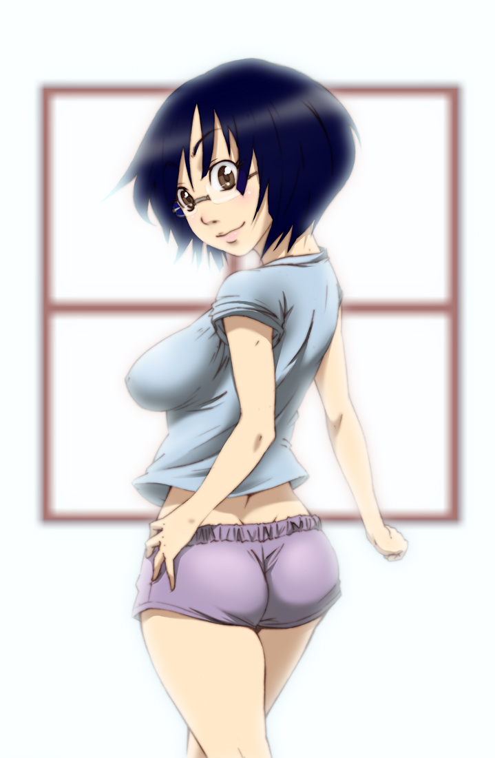 konoha (artist), konoha (gasumasuku), original, bad id, bad pixiv id, 1girl, ass, black hair, breasts, brown eyes, dimples of venus, female focus, glasses, large breasts, looking back, no bra, short hair, short shorts, shorts, solo