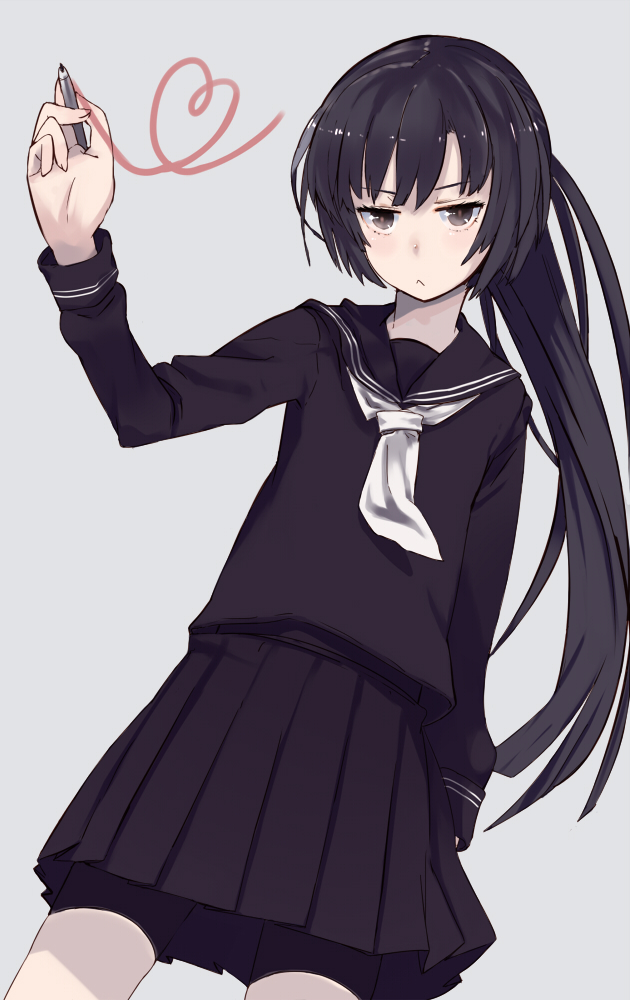 shiromiso, original, 1girl, :<, bike shorts, black eyes, black hair, female focus, heart, jitome, long hair, marker, pen, ponytail, school uniform, serafuku, solo