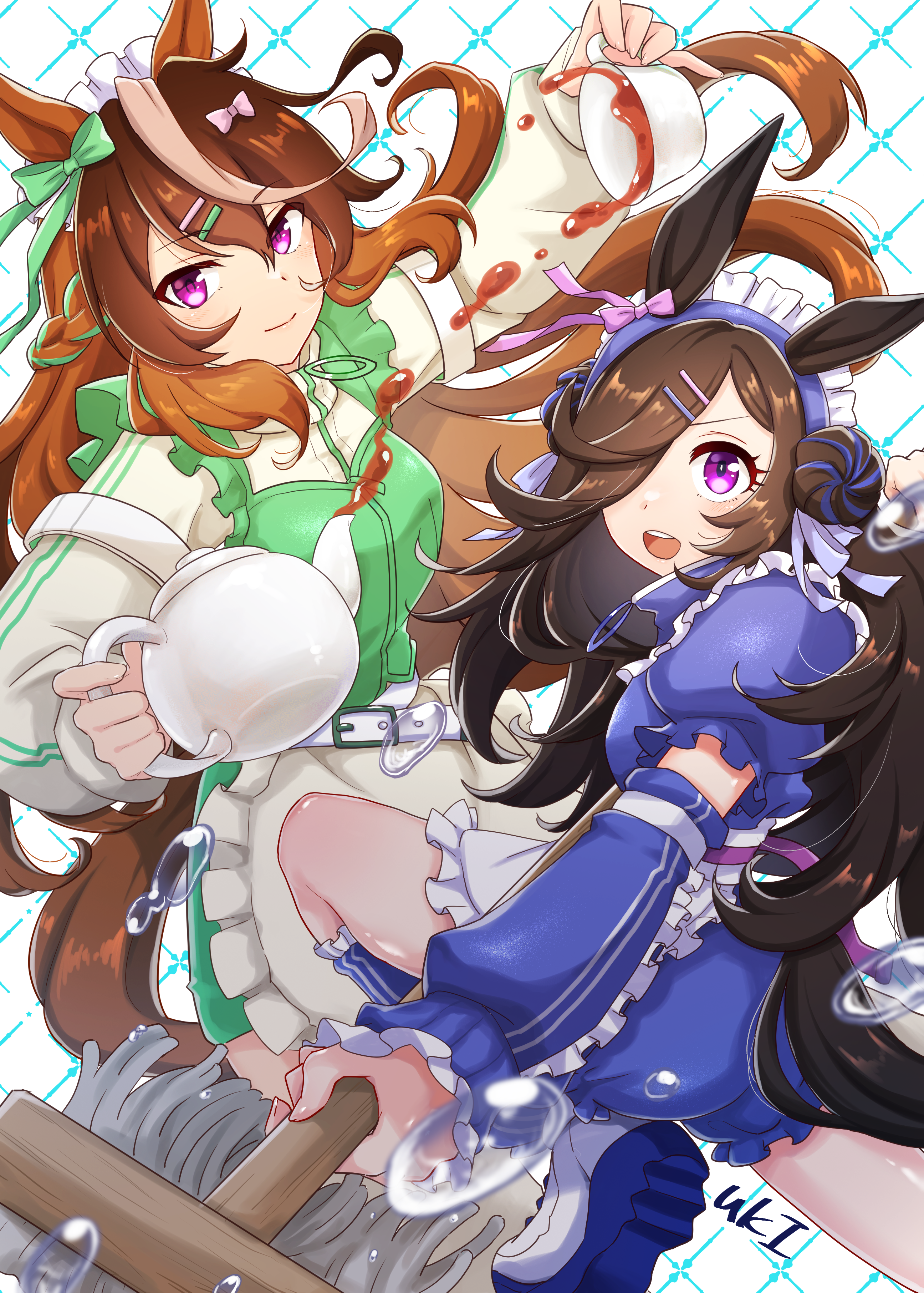 neru ika, rice shower (umamusume), symboli rudolf (umamusume), umamusume, absurdres, commentary request, highres, 2girls, animal ears, apron, arm warmers, belt, blue hair, blue headdress, blue jacket, blush, bow, braid, breasts, brown hair, closed mouth, cup, ear bow, flipped hair, frilled apron, frills, green bow, green hair, green jacket, hair between eyes, hair bow, hair bun, hair ornament, hair over one eye, hairclip, holding, holding cup, holding mop, holding teapot, horse ears, horse girl, horse tail, jacket, jersey maid, leg warmers, long hair, long sleeves, looking at viewer, maid, maid apron, maid headdress, medium breasts, mop, multicolored hair, multiple girls, open mouth, pink bow, purple eyes, shoes, short sleeves, smile, streaked hair, tail, tea, teacup, teapot, track jacket, turtleneck, turtleneck jacket, unconventional maid, waist apron, white apron, white hair, white headdress