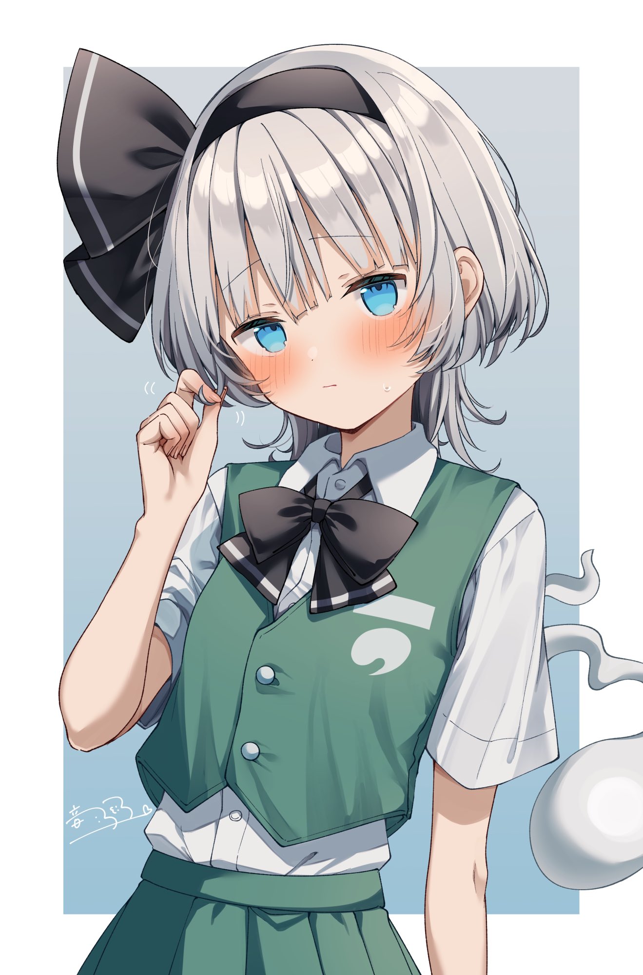 otowa (otoha4634), konpaku youmu, konpaku youmu (ghost), touhou, commentary request, highres, 1girl, black bow, black bowtie, black hairband, black ribbon, blue eyes, blush, bow, bowtie, buttons, closed mouth, collared shirt, green skirt, green vest, grey background, grey hair, hair ribbon, hairband, looking at viewer, ribbon, shirt, short hair, short sleeves, skirt, solo, upper body, vest, white shirt