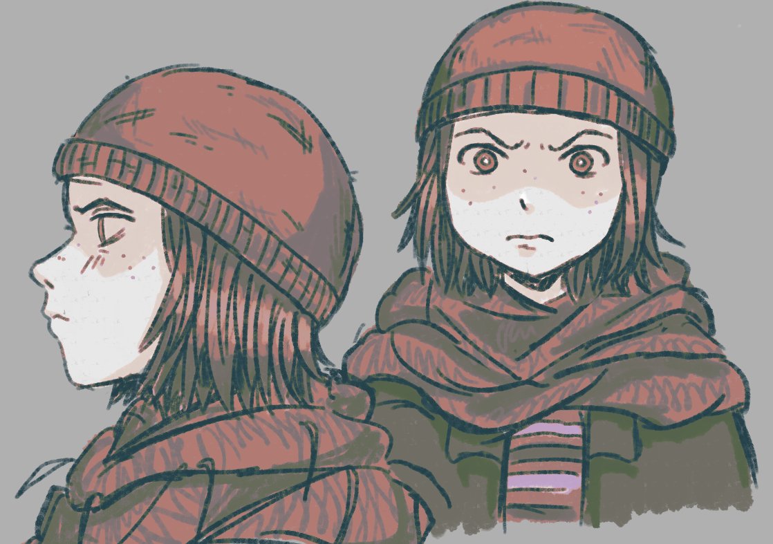 original, 1girl, beanie, brown hair, freckles, grey background, hat, ila (rw5853227), multiple views, short hair, simple background, upper body