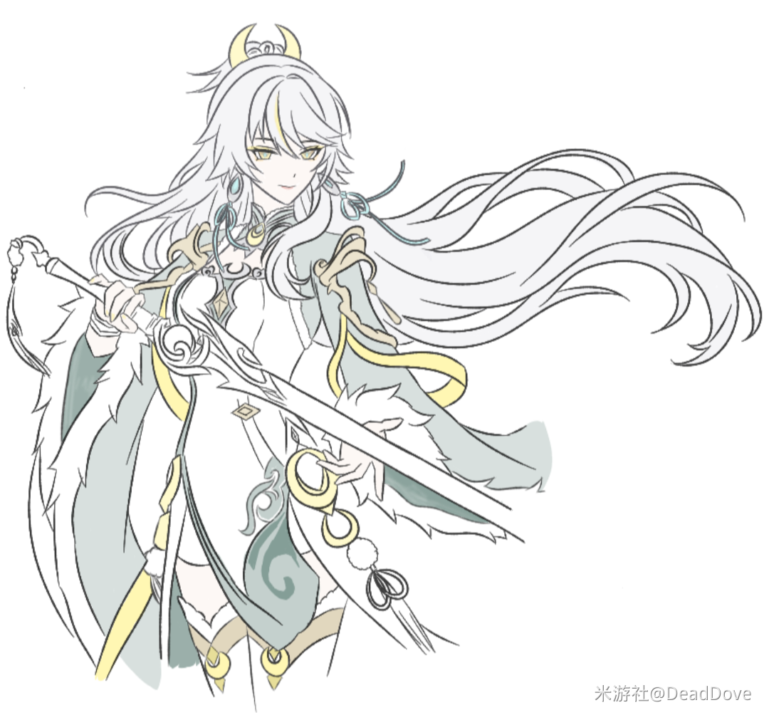 zibai (genshin impact), genshin impact, chinese commentary, commentary request, 1girl, chinese clothes, closed mouth, deaddove, dress, earrings, green eyes, hair ornament, high ponytail, holding, holding sword, holding weapon, jewelry, long hair, miyoushe watermark, ponytail, simple background, smile, solo, sword, thighhighs, watermark, weapon, white background, white dress, white hair, yellow eyes