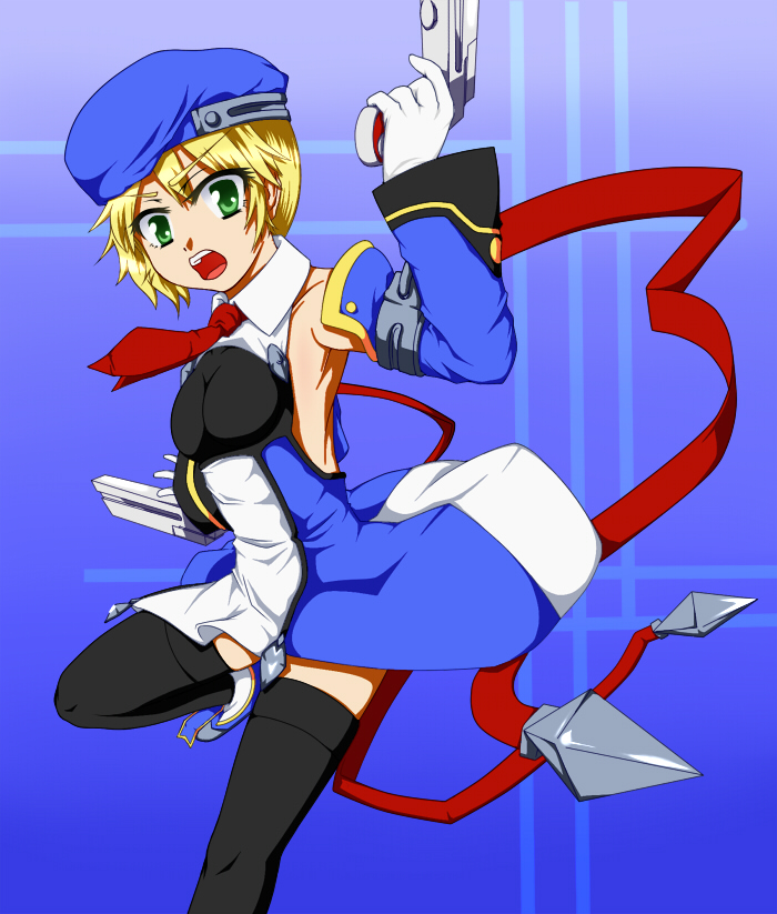 akiha (pixiv249325), noel vermillion, arc system works, blazblue, 1girl, beret, blonde hair, detached sleeves, female focus, gloves, gradient background, green eyes, gun, hat, necktie, open mouth, red ribbon, ribbon, short hair, solo, thighhighs, weapon