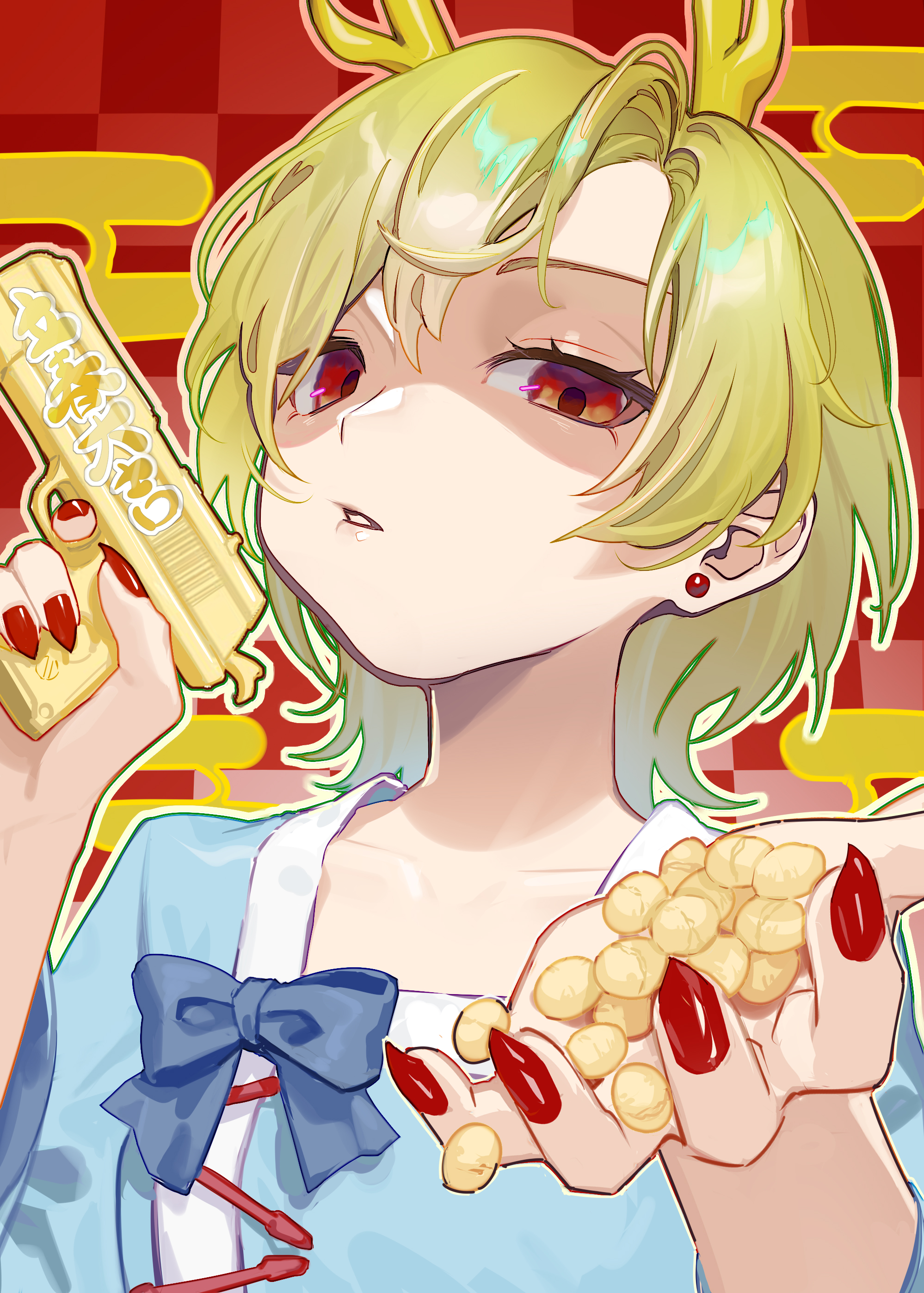 teruteru (teru teru), kicchou yachie, touhou, absurdres, commentary request, highres, 1girl, animal realm yakuza (touhou), antlers, blonde hair, blue shirt, dragon girl, dragon horns, dragon tail, earrings, fingernails, horns, jewelry, long fingernails, looking at viewer, monster girl, nail polish, red eyes, red nails, sharp fingernails, shirt, short hair, solo, square neckline, stud earrings, tail, upper body, yellow horns
