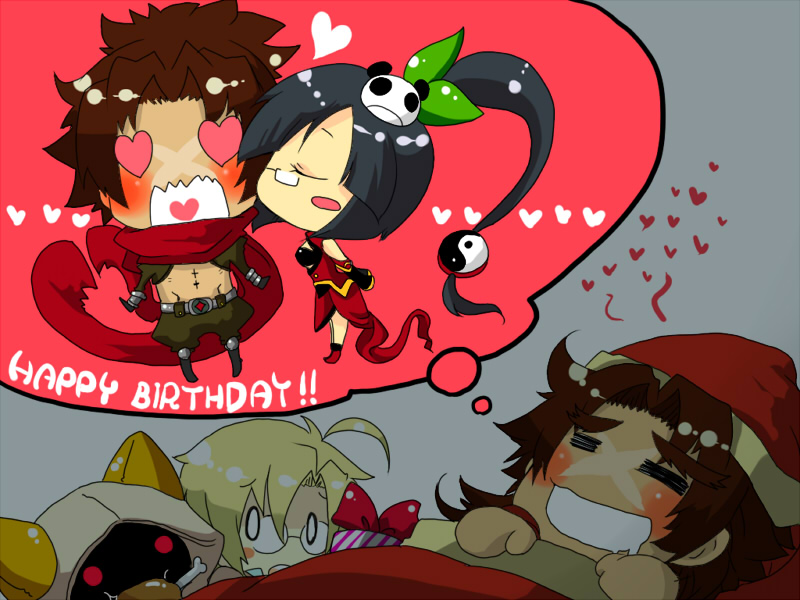 kuro yuzu, carl clover, lao jiu, litchi faye ling, shishigami bang, taokaka, arc system works, blazblue, blazblue: calamity trigger, abs, animal ears, black hair, blonde hair, blush, brown hair, cat ears, china dress, chinese clothes, closed eyes, dreaming, dress, heart, hood, kiss, long hair, ponytail, scar, scarf, short hair, sleeping