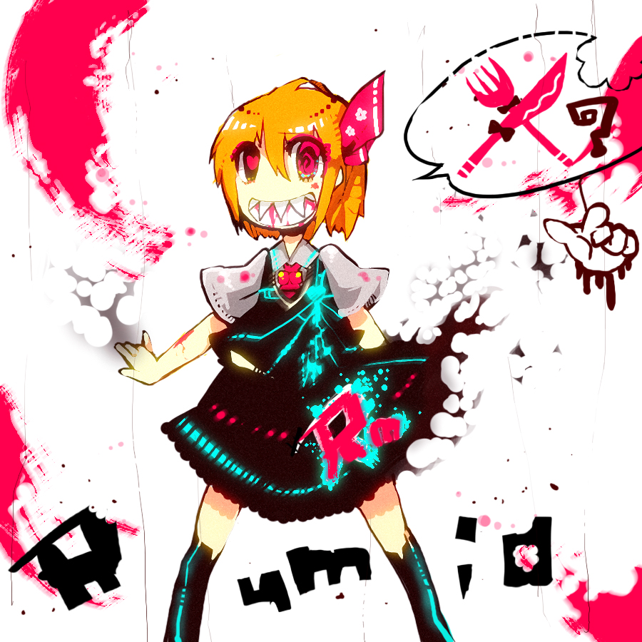 terada tera, rumia, embodiment of scarlet devil, touhou, bad id, bad pixiv id, 1girl, blonde hair, blood, fangs, female focus, hair ribbon, ribbon, short hair, solo, standing, symbol-shaped pupils, white background