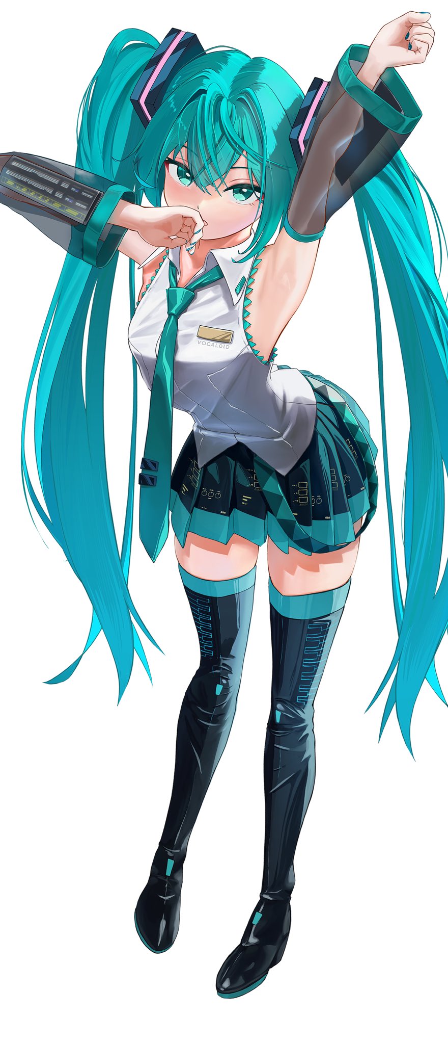 hxk4 n, hatsune miku, vocaloid, commentary request, highres, 1girl, aqua eyes, aqua hair, aqua nails, aqua necktie, aqua trim, arm up, armpits, black skirt, boots, breasts, detached sleeves, full body, hair between eyes, hair ornament, long hair, long sleeves, looking at viewer, medium breasts, necktie, parted lips, pleated skirt, presenting armpit, see-through clothes, see-through sleeves, shirt, simple background, skirt, sleeveless, sleeveless shirt, solo, thigh boots, thighhighs, tie clip, twintails, very long hair, white background, white shirt, yawning, zettai ryouiki