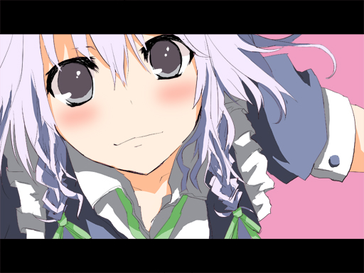 matsushita yuu, izayoi sakuya, touhou, silver hair, bad id, bad pixiv id, 1girl, female focus, grey eyes, letterboxed, portrait, simple background, solo